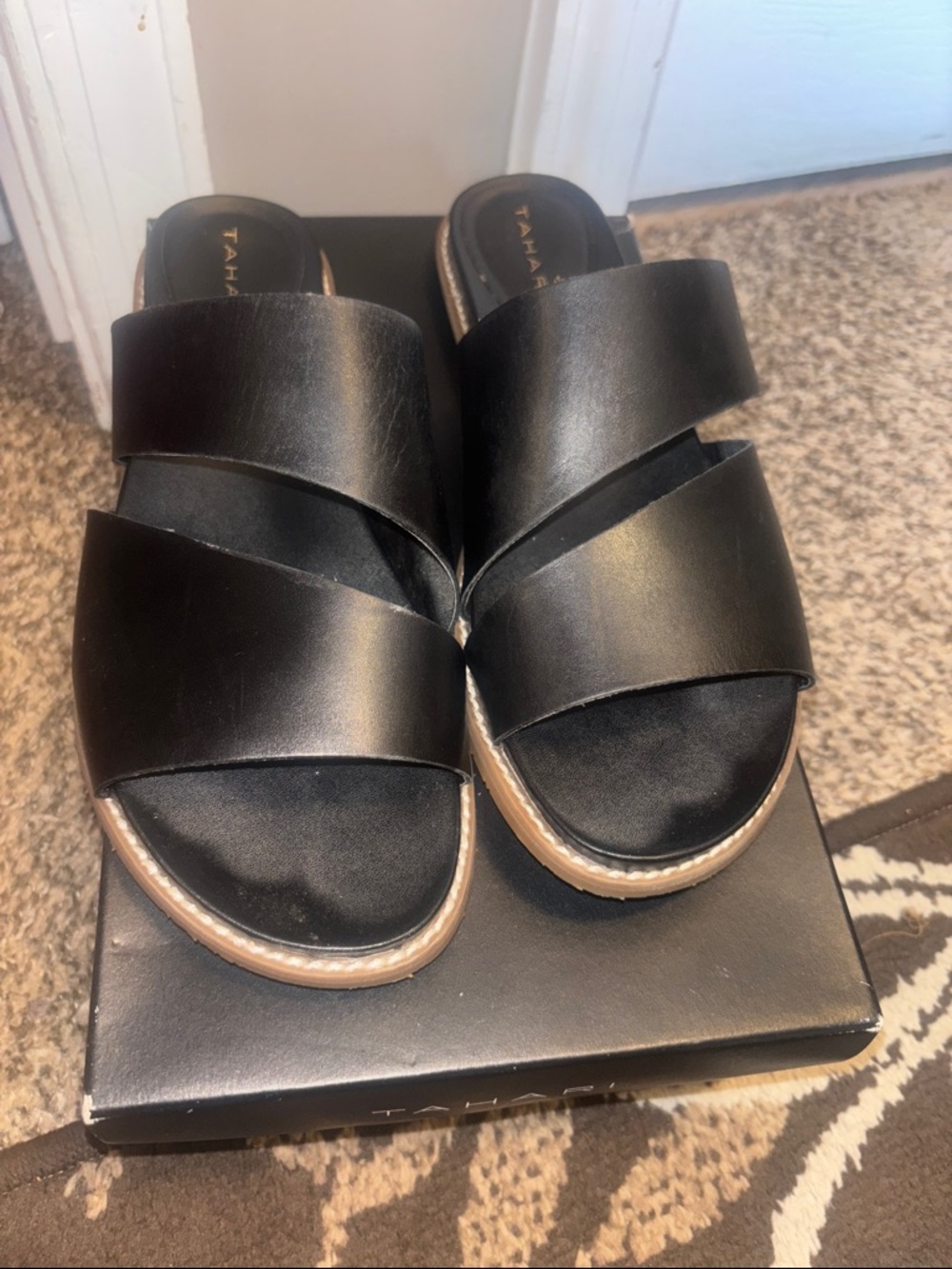 Tahari Black Wide Strap Slide Sandals